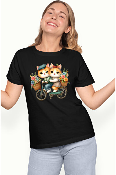 StoryGift Romania Tricou Femei Cu 2 Pisicute Care Se Plimba Cu Bicicleta, Ilu...