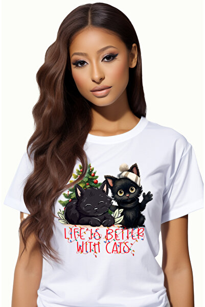 StoryGift Romania Tricou Femei Cu 2 Pisoi Negri Cu Mesajul "life Is Better Wi...