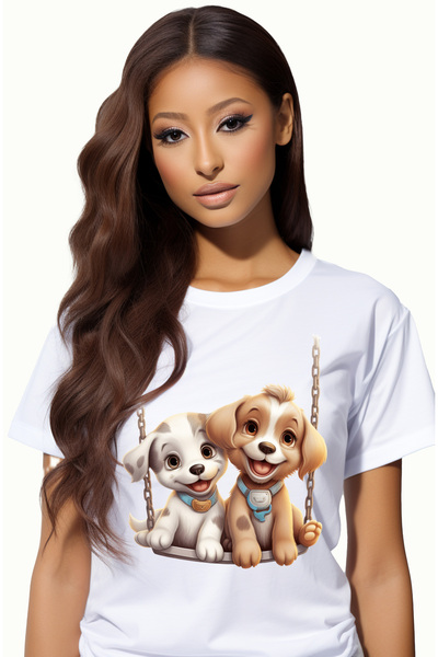 StoryGift Romania Tricou Femei cu 2 catelusi care se dau in leagan, ilustrati...