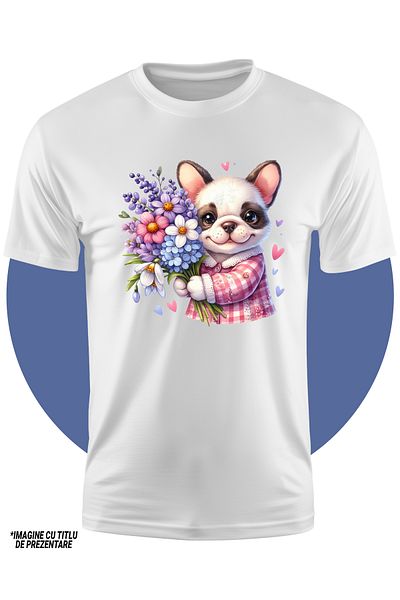 StoryGift Romania Tricou Copii Cu Un Catel Fericit Care Tine Un Buchet Cu Flori, Ilustratie, Dar Pentru Iubi
