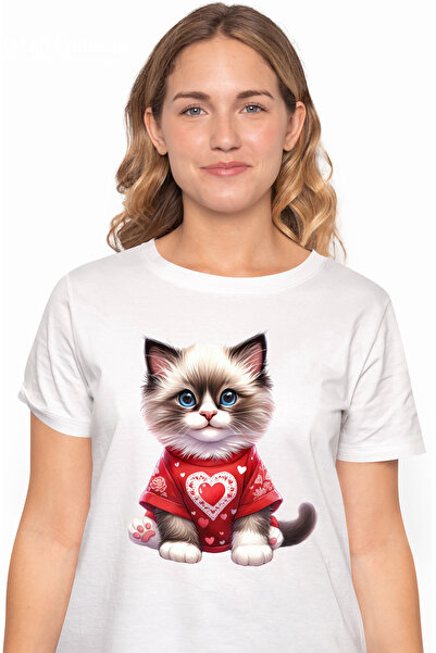 StoryGift Romania Tricou Femei Cu O Pisicuta Care Poarta Un Tricou Cu Inimioa...