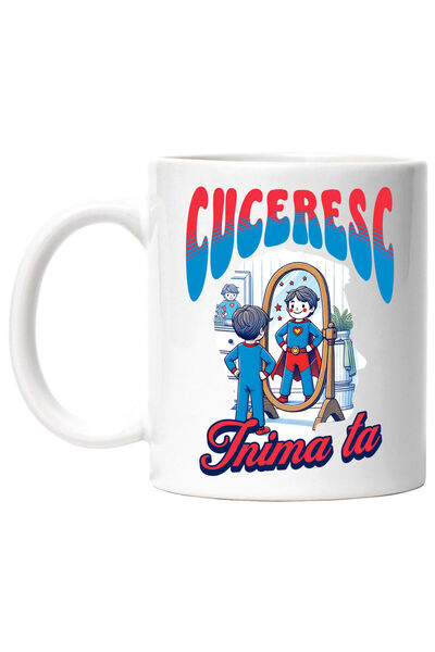 StoryGift Romania Cana Cu Copil In Fata Oglinzii Costum Super-erou Text Cuceresc Inima Ta, Ceramic, Cu Maner Alb Stg