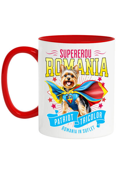 StoryGift Romania Mug with Yorkshire Terrier Dog in Captain Romania Costume with Cape, Hero N, with Red Handle