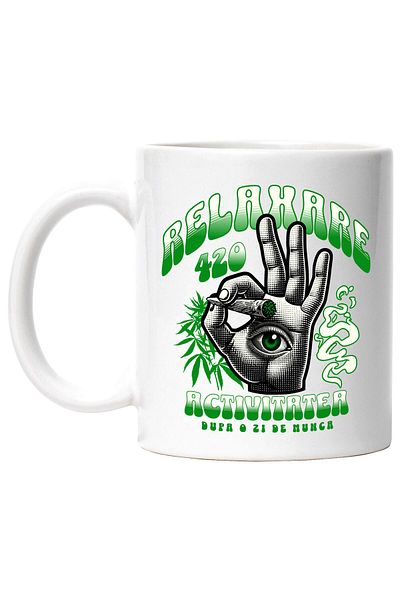 StoryGift Romania Mug with Human Hand Green Eyes Hobby Relaxation Vacation Text in Romanian Relax, With White Handle