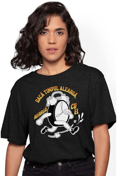 StoryGift Romania Tricou Femei Ceas Mecanic Alergand Text Daca Timpul Alearga Cu Imprimeu Pe Fata, Blk_l