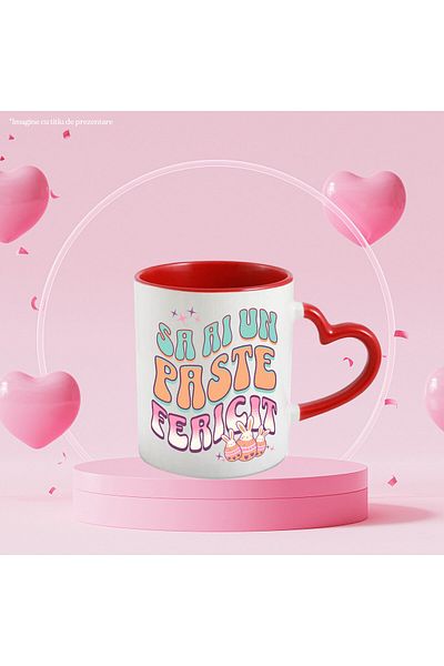 StoryGift Romania Cana cu Oua Colorate Cu Iepuri Albi, design Multicolor Text Sa Ai Un Paste feric, Cu Maner Inim STG