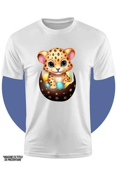StoryGift Romania Children's T-shirt with a tiger cub coming out of a broken egg, illustration, several colored eggs