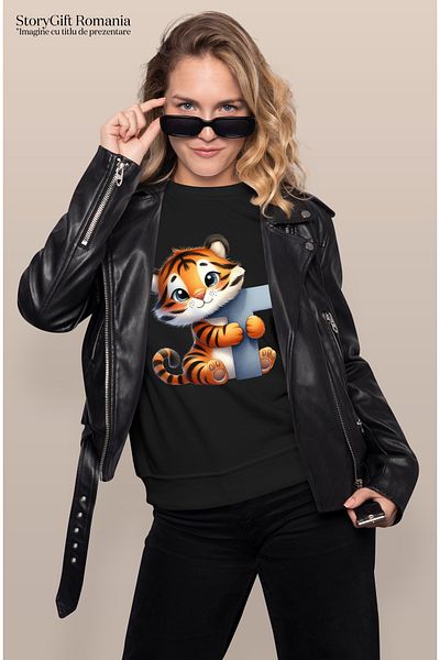 StoryGift Romania Women's T-shirt with a tiger with the letter "T", illustration, for children, school, student, BLK_L,STG53032