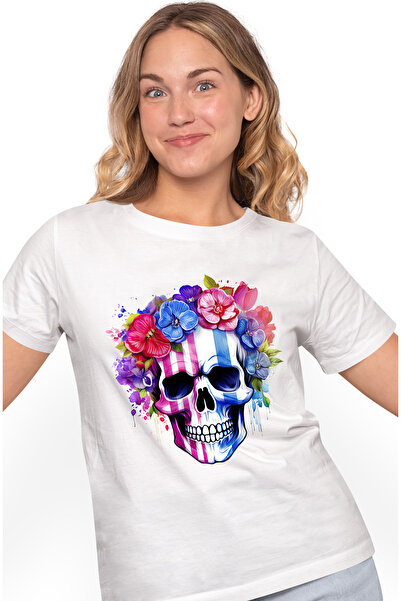 StoryGift Romania Tricou Femei Cu Un Craniu, Ilustratie, Flori, Rosii, Albast...