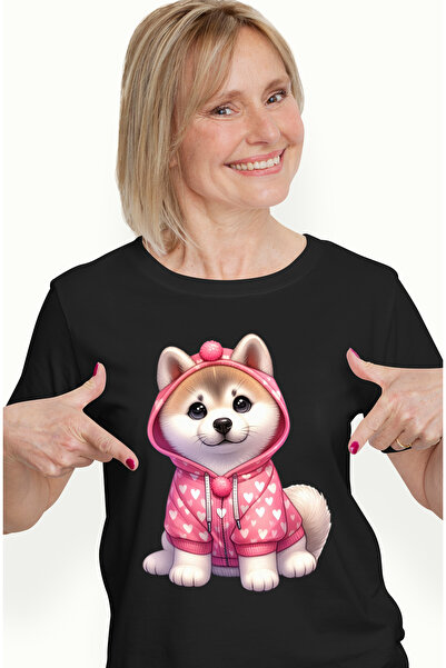 StoryGift Romania Tricou Femei Cu Un Catel Akita Inu Care Poarta Un Hanorac C...