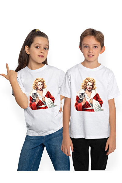StoryGift Romania Tricou Copii Cu O Femeie Care Tine O Pisica, Ilustratie, Bl...