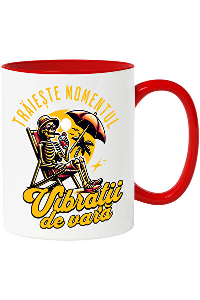 StoryGift Romania Cana Traieste Momentul, Vibratii De Vara Schelete Plaja, 330ml, Ceramic Cu Maner, Cu Maner Rosu Stg