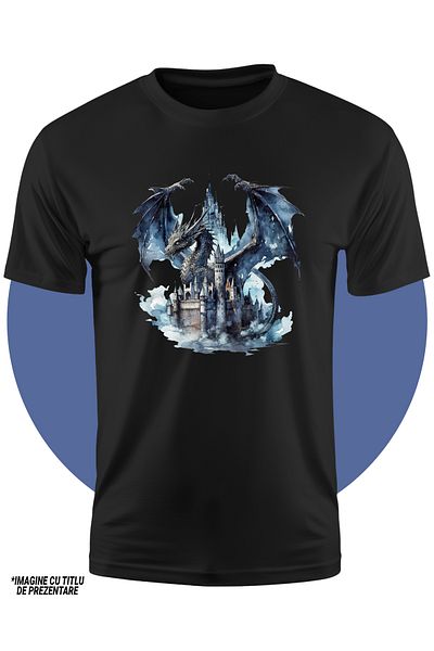 StoryGift Romania Tricou Copii Cu Un Dragon Negru, Ilustratie, Castel, Furios, Creatura Mitica, Abstract, Pi