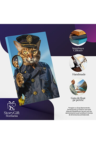 StoryGift Romania Tablou Canvas Detectivul Cu Lupă Descoperirea Pisicii Îmbrăcată În Uniformă Bleumarin , Pictura