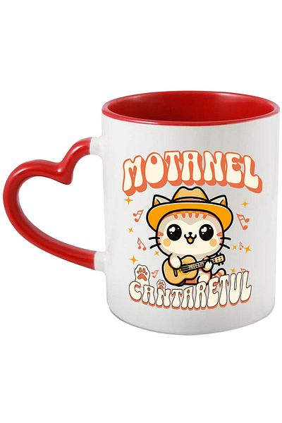 StoryGift Romania Cana Cu Motan Cu Palarie Mexicana Si Chitara Text Motanel Cantaretul, Copii, Cer, Cu Maner Inim Stg
