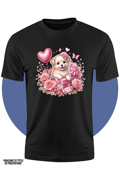 StoryGift Romania Tricou Copii Cu Un Catel Vesel, Jucaus, Alb, Trandafiri, Fluture, Inimioare, Apreciere, Cu
