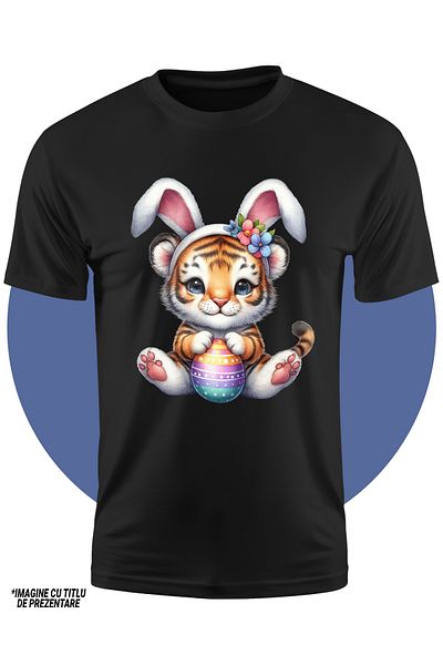 StoryGift Romania Children's T-shirt with a tiger cub with bunny ears, illustration, Easter holidays, Easter egg