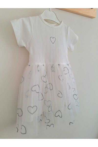 Nimini Kids Rochie pentru fetiță cu tutu cu nervuri cu model de inimă argintie de sezon Eid (1-5 ani)
