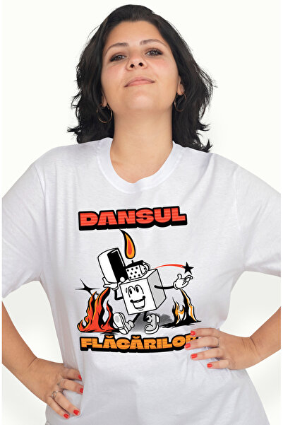 StoryGift Romania Tricou Femei Dansul Flacarilor Bricheta Vesela Cu Imprimeu Pe Fata, 100% Bumbac, Wht_l