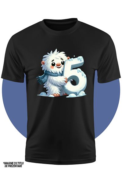StoryGift Romania Tricou Copii Cu Yeti Care Tine Cifra "5", Ilustratie, Omul Zapezilor, Fular, Frig, Matemat