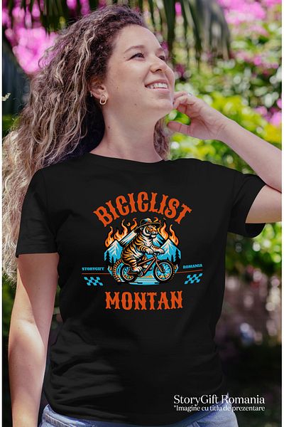 StoryGift Romania Women's T-shirt tiger on a mountain bike adventure with print on the front, 100% Cotton BLK_L, STG60218