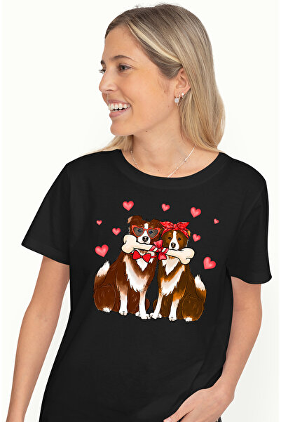 StoryGift Romania Tricou Femei Cu 2 Caini Impartind Acelasi Os, Valentine's Day, Ilustratie, Iubir Blk_l