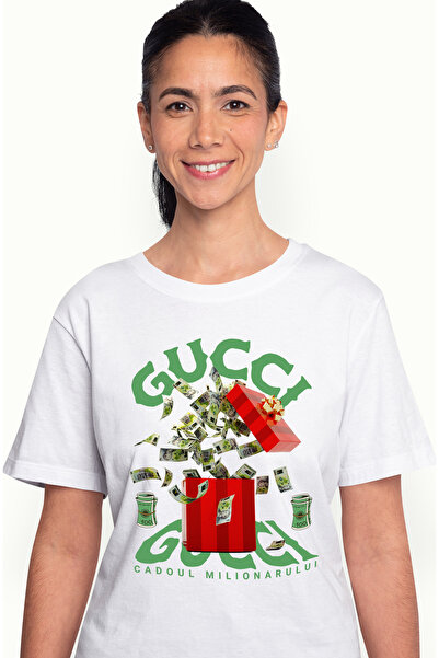 StoryGift Romania Tricou Femei Gucci - Cadoul Milionarului, Cu Imprimeu Pe Fata, 100% Bumbac, Alb Wht_m