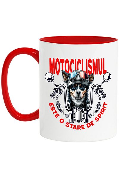 StoryGift Romania Cana Cu Caine Colorat Cu Casca De Protectie Motocicleta Pasiune Motor Mesaj Moto, Cu Maner Rosu Stg