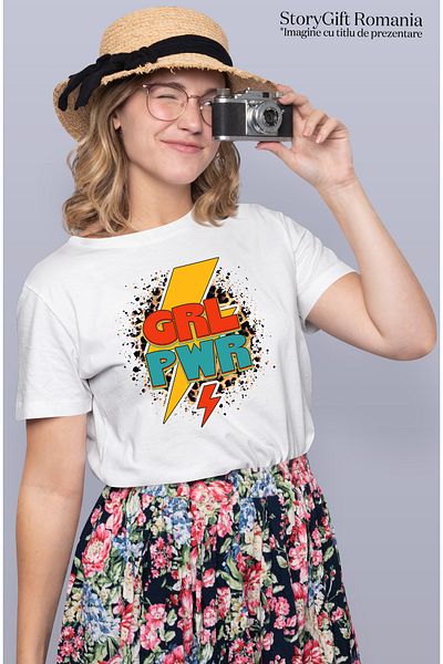 StoryGift Romania Tricou Femei Cu Mesajul "grl Pwr", Ilustratie, Motivational, Putere De Fata, Ful Wht_m