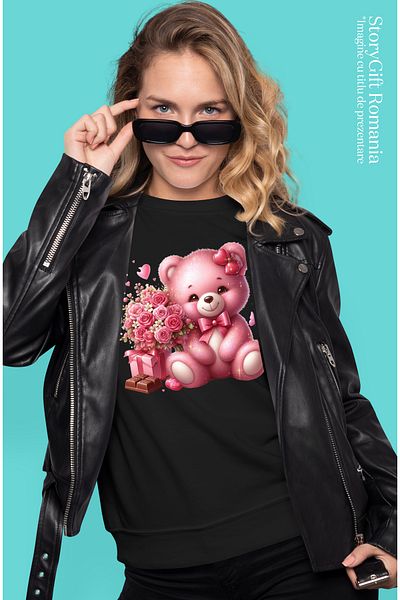 StoryGift Romania Tricou Femei Cu Un Ursulet De Plus Care Are Un Buchet Cu Trandafiri Langa El, Ci Blk_l