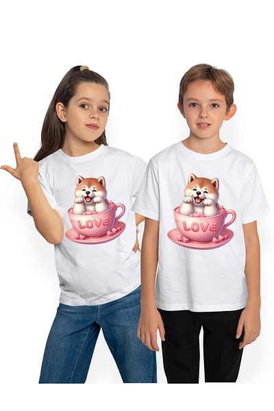 StoryGift Romania Tricou Copii Cu Un Catel Akita Inu Vesel, Ilustratie, Sta Intr-o Ceasca, Mesajul "love", I