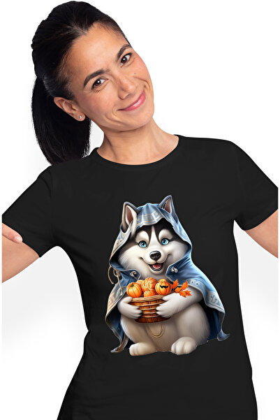 StoryGift Romania Tricou Femei Cu Un Caine Husky Care Tine Un Cos Cu Dovleci,...