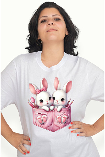 StoryGift Romania Tricou Femei Cu 2 Iepurasi, Ilustratie, Stau In Buzunare, Creioane Colorate, Fun Wht_l