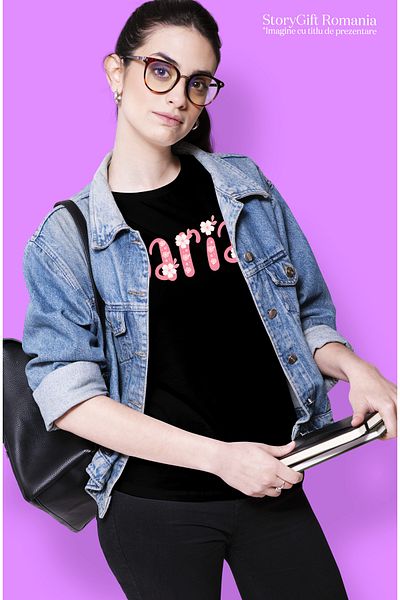 StoryGift Romania Tricou Femei Cu Numele Daria, Flori, Colorat, Roz, Dragut, Cu Imprimeu Pe Fata, Blk_m