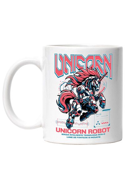 StoryGift Romania Cana Cu Unicorn Roz Robot Inteligenta Artificiala Text In Limba Romana, Ceramica, Cu Maner Alb Stg
