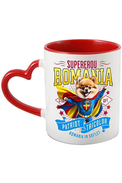 StoryGift Romania Mug with Pomeranian Dog in Captain Romania Costume with Cape, Night Hero,, With Heart Handle