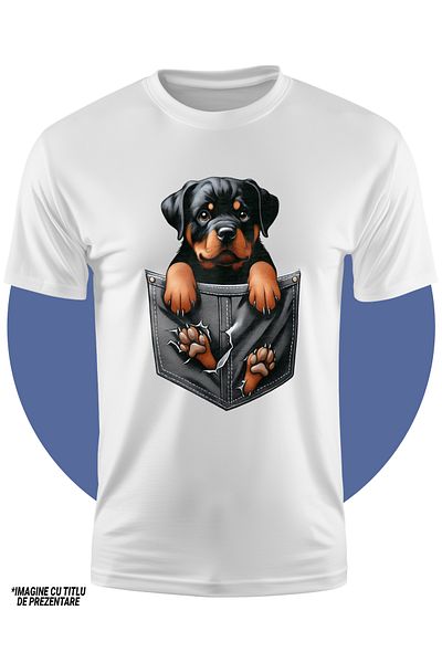 StoryGift Romania Tricou Copii cu un catelus Rottweiler care sta intr-un buzunar, rupt, privire "nevinovata"