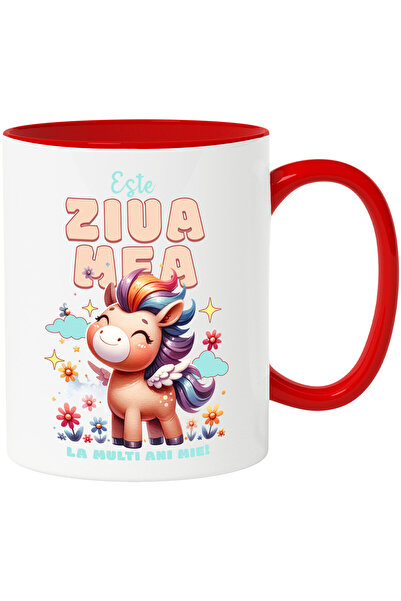 StoryGift Romania Cana Cu Unicorn Vesel Mandru Cu Flori Text Este Ziua Mea La Multi Ani Mie, Ceram, Cu Maner Rosu Stg