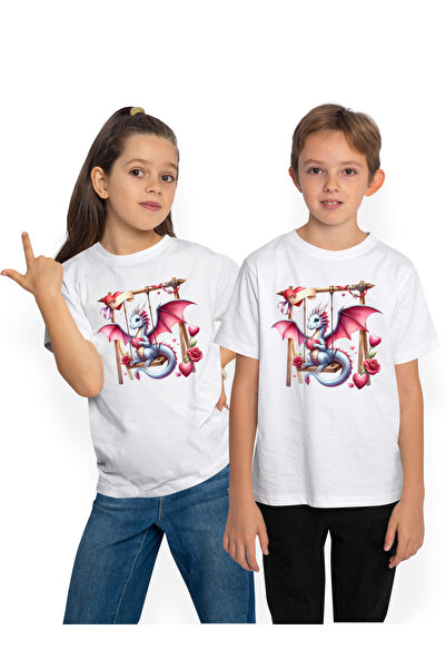 StoryGift Romania Tricou Copii cu un dragon care se da in leagan, ilustratie, inima, floricele, afectiune, a