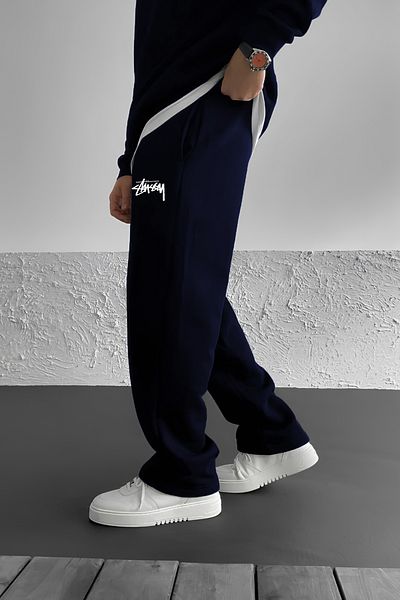 THE RULE Stüssy εμπριμέ φαρδύ καλοκαιρινό 3 νήμα Loose εφαρμογή ίσιο πόδι Εποχιακό μπλε ναυτικό παντελόνι φούτερ RF0510
