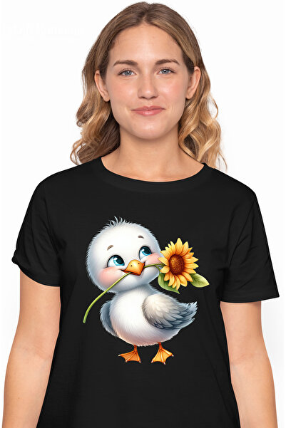 StoryGift Romania Tricou Femei cu un puisor alb care tine o floare in cioc, ilustratie, floarea-so BLK_M