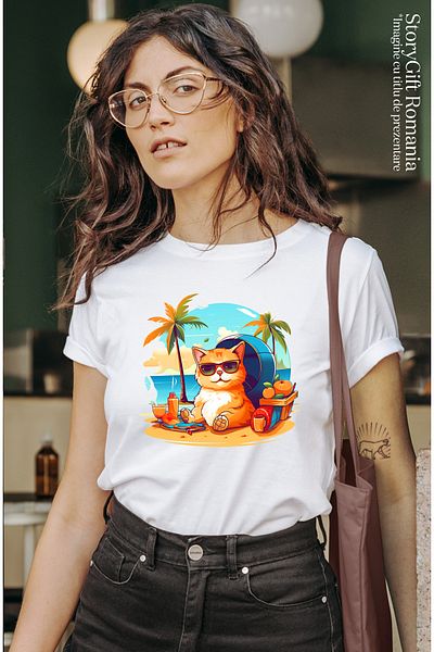 StoryGift Romania Tricou Femei Cu O Pisica La Mare, Ilustratie, Relaxare, Apa, Plaja, Ochelari De Wht_m