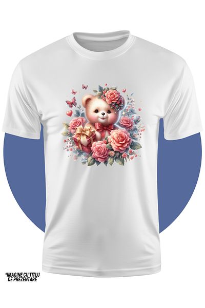 StoryGift Romania Tricou Copii Cu Un Ursulet De Plus, Ilustratie, Trandafiri, Flori, Cadou, Fluturi, Valenti