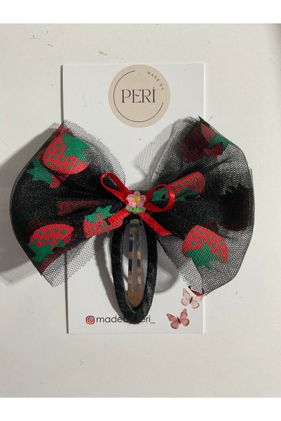 MADE BY PERİ Buckle;2 Buckles with Snap Fasteners Printed with Red Strawberries on Black Tulle.