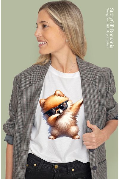 StoryGift Romania Tricou Femei Cu Un Catel Akita Inu Care Danseaza, Cu Ochelari De Soare, Amuzant, Wht_l