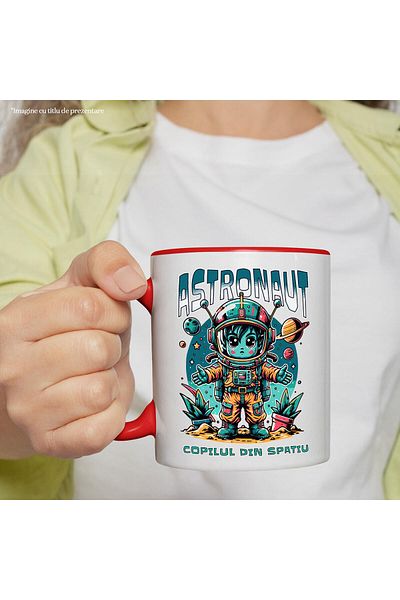 StoryGift Romania Cana Cu Copil In Costum De Astronaut In Spatiu Text In Limba Romana , Ceramica, , Cu Maner Rosu Stg