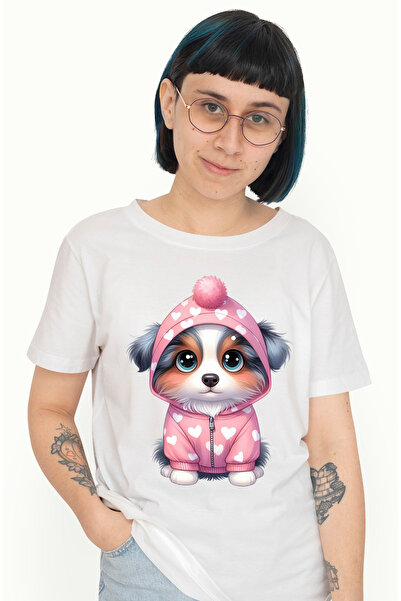 StoryGift Romania Tricou Femei Cu Un Catelus Timid, Ilustratie, Imbujorat, Po...