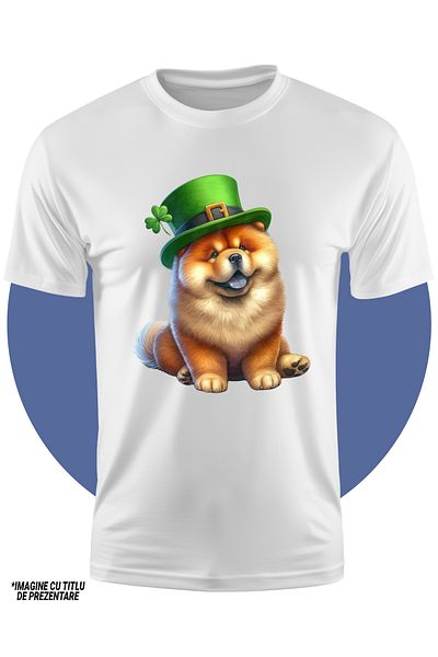 StoryGift Romania Tricou Copii Cu Un Catelus Blanos Chow Chow Care Poarta O Palarie Verde, Ilustratie, Noroc