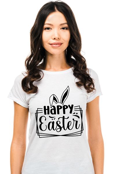 StoryGift Romania Women's T-shirt with rabbit ears and the text "Happy Easter!" - printed greeting WHT_M,STG39679