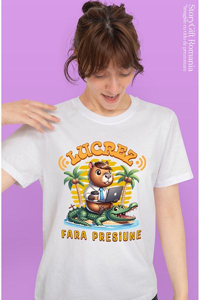 StoryGift Romania Tricou Femei lucrez fara presiune animal cu camasa si cravata pe insula lucrez d WHT_M